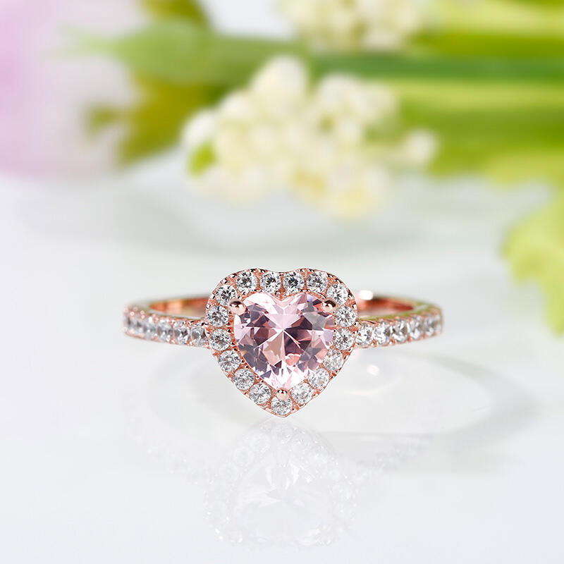 Jeulia Halo Heart Cut Synthetic Morganite Sterling Silver Ring