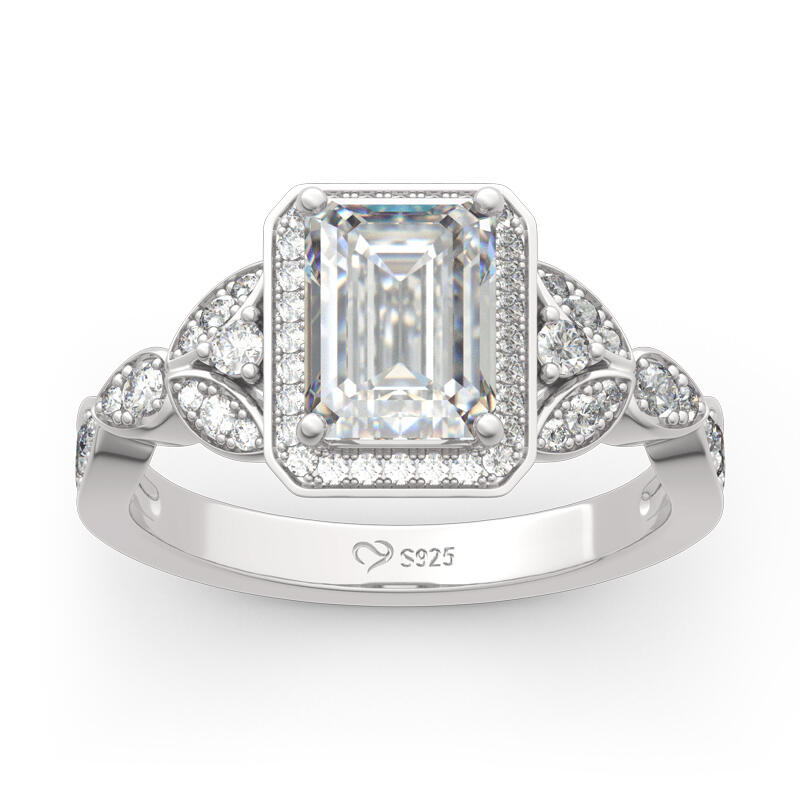 Jeulia Leaf Design Emerald Cut Sterling Silver Ring