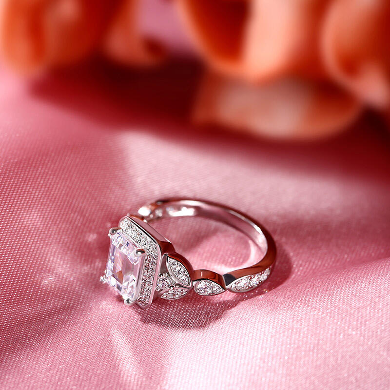 Jeulia Leaf Design Emerald Cut Sterling Silver Ring