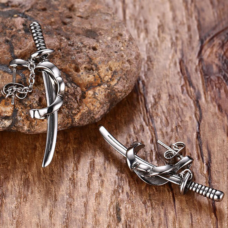 Jeulia Punk Style Sword Men's Titanium Steel Chain Earrings