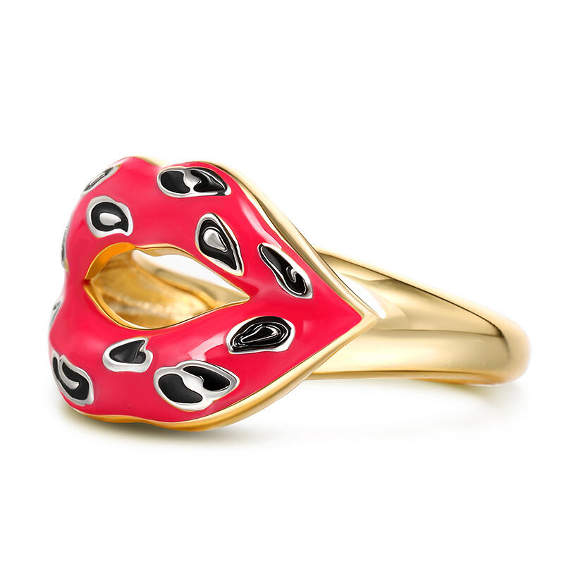 Jeulia Anillo de plata de ley con esmalte y estampado de leopardo con labios rojos