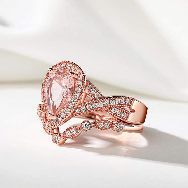 Jeulia Anillo de Plata de Ley con Morganita Sintética con Corte de Pera y Halo