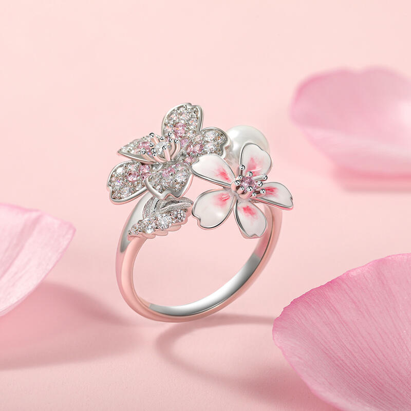 Jeulia Cherry Blossoms Gradient Pink Enamel Ring with Pearl