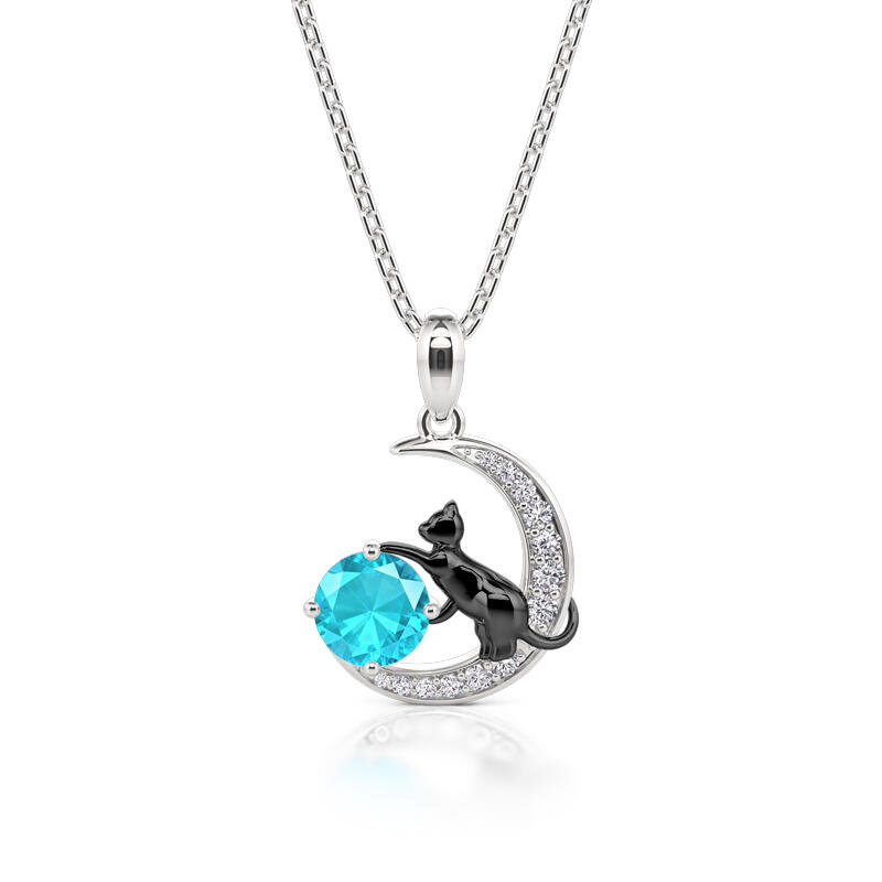 Jeulia Collar Personalizado con Gato Negro en la Luna con Piedra Natal de Plata Esterlina