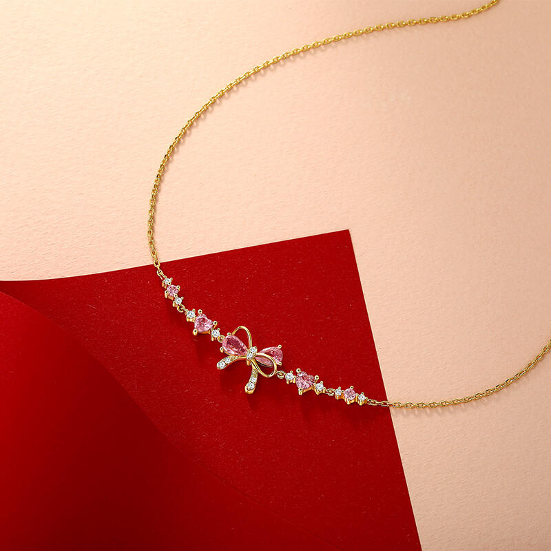 Jeulia Charming Heart Gold Bow Necklace Sterling Silver