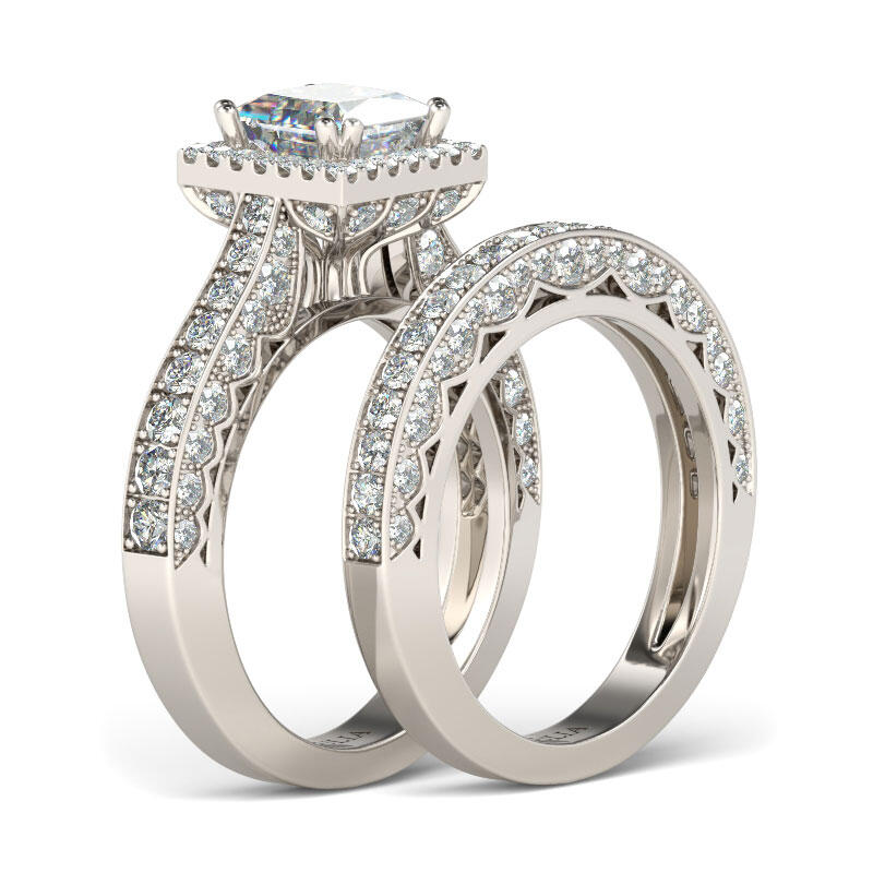 Jeulia Halo Princess Cut Sterling Silver Ring Set