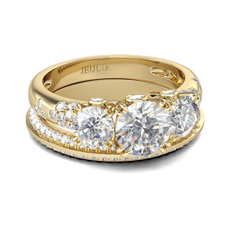 Jeulia Gold Tone Three Stone Round Cut Sterling Silver Ring Set