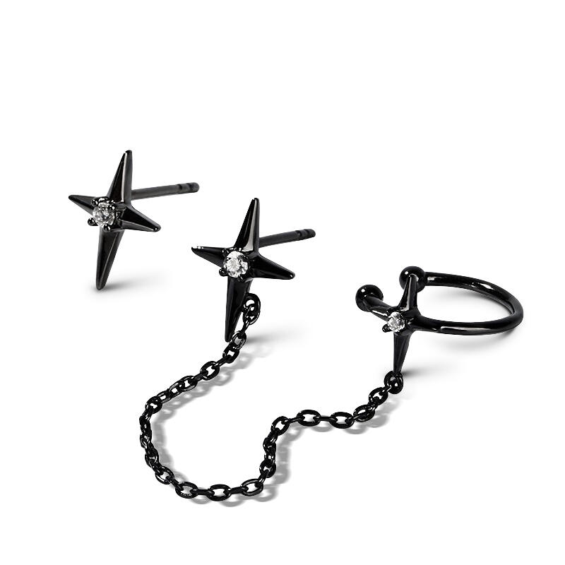 Jeulia "Four-Point Star" Sterling Silver Ear Cuff with Chain