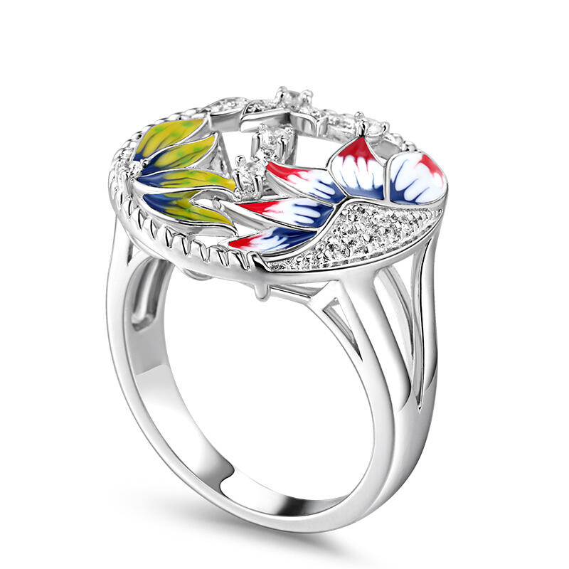Jeulia "Peaceful" Flower Enamel Sterling Silver Ring