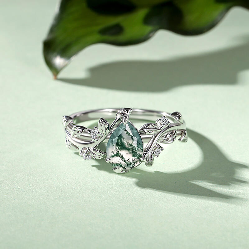 Jeulia Bague de Fiançailles en Agate Mousse Coupe Poire Bypass avec Feuille de Vigne