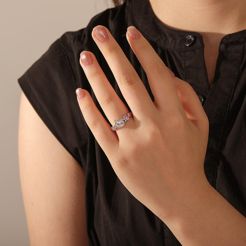 Jeulia Anillo de Gato de Moda con Lazo y Piedras Rosas