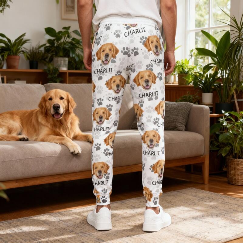 Pantalón deportivo unisex personalizado con diseño de huellas de mascotas y foto de mascota. Regalo ideal para amantes de los animales.