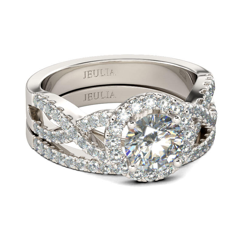 Jeulia Twist Halo Round Cut Sterling Silver Ring Set
