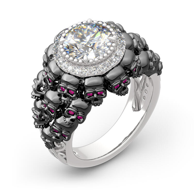 Jeulia Anillo De Calavera De Plata Esterlina Con Talla Redonda De Dos Tonos Con Halo