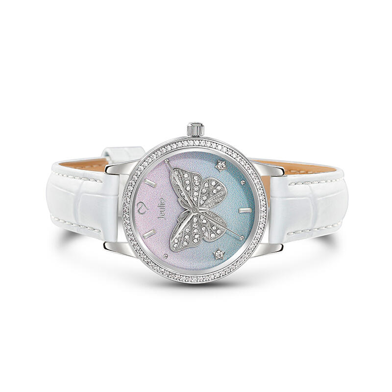 Jeulia "Dreamy Rainbow" Butterfly Design Quartz White Leather Watch with Ombre Dial