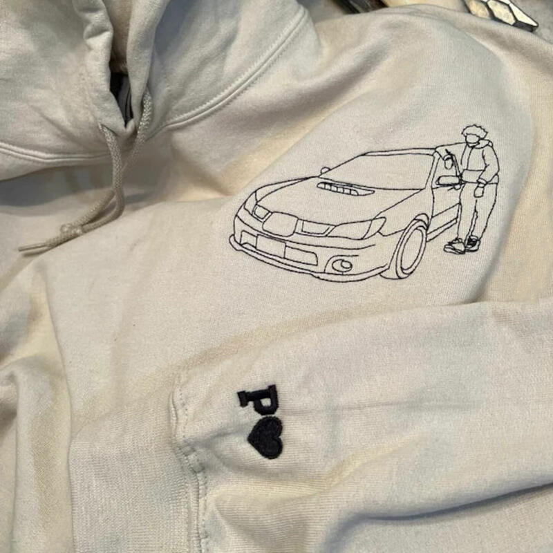 Sudadera con capucha personalizada bordada con diseño de dibujo lineal de coche para amigo