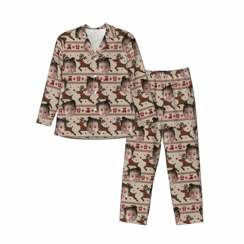 Personalisierte Pyjamas mit individuellem Kinderfoto Rentier Weihnachtsstimmung Muster Design Geschenk für die Familie