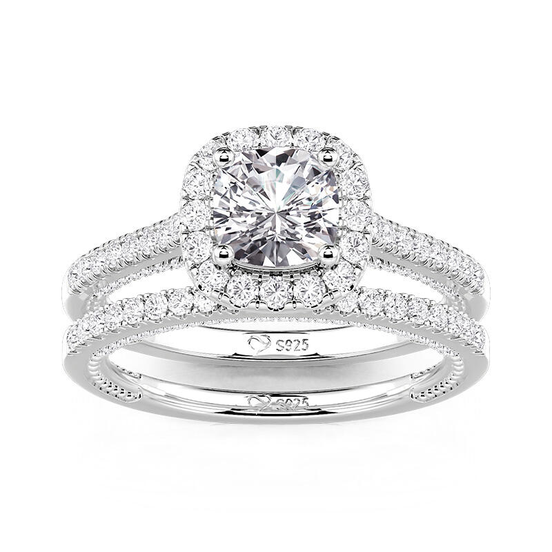 Jeulia Juego de Dos Anillos de Compromiso Eternidad Halo Corte Cojín