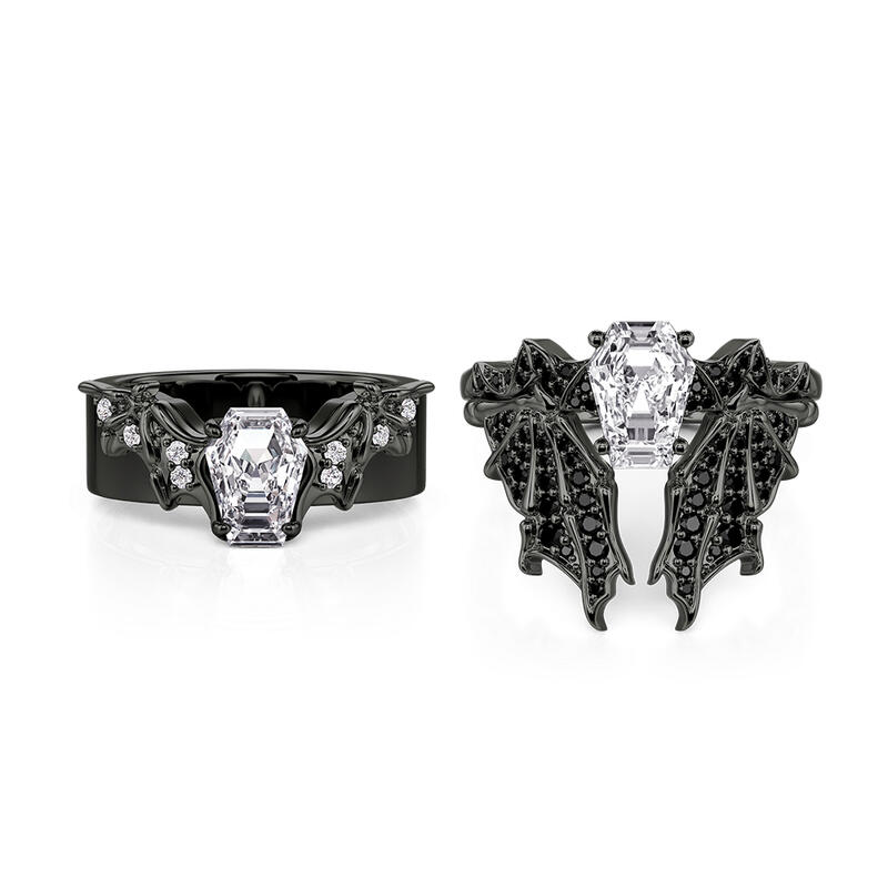 Jeulia Gothic Black Bat Coffin Cut Couple Rings Set
