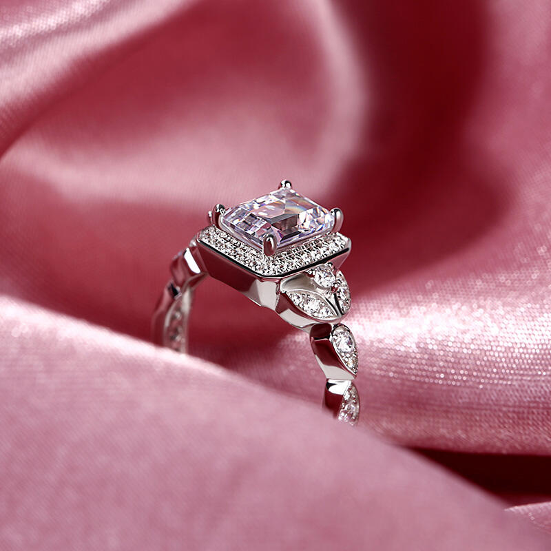 Jeulia Leaf Design Emerald Cut Sterling Silver Ring