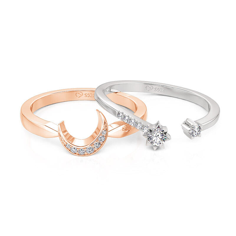 Jeulia Moon and Star Two Tone Puzzle Ring Set Sterling Silver