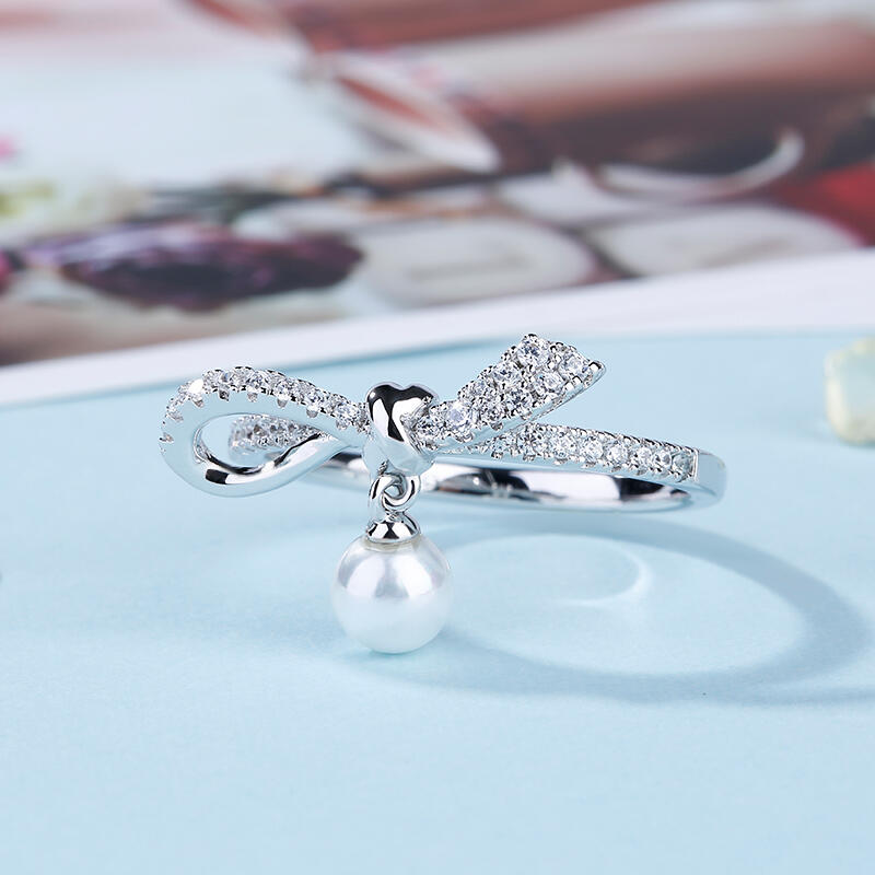 Jeulia Bowknot Cultured Pearl Sterling Silver Ring
