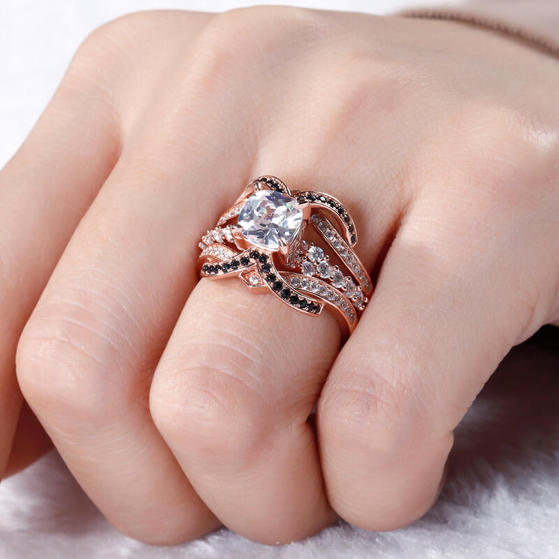 Jeulia Rose Gold Tone Cushion Cut Sterling Silver Ring Set