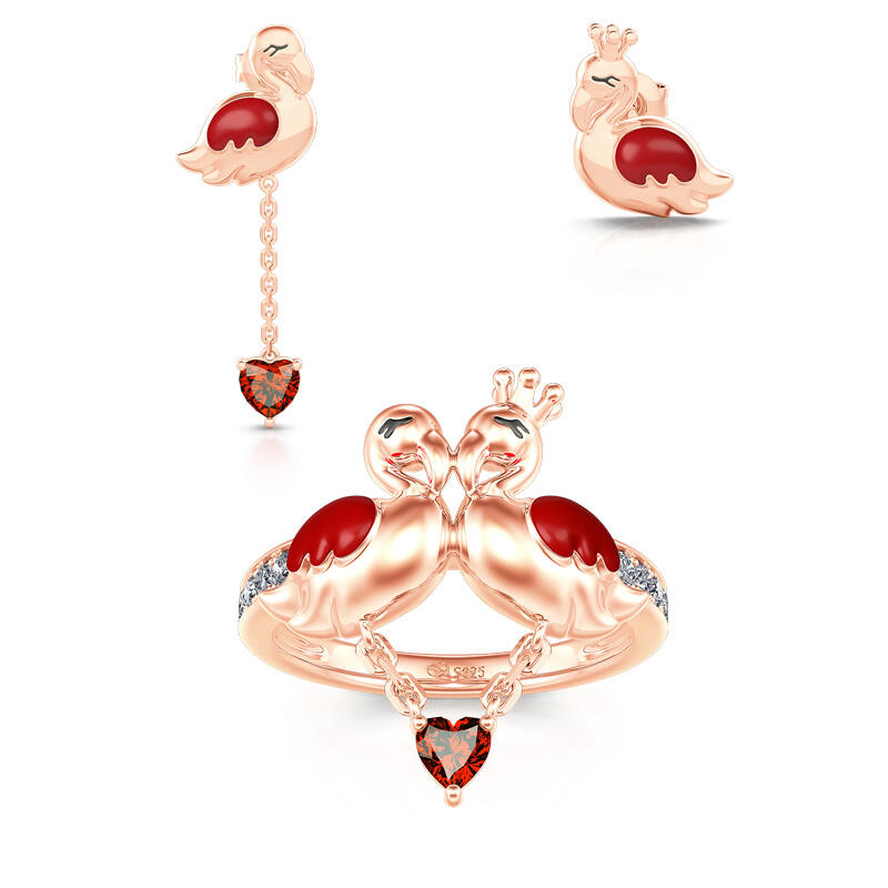 Jeulia Conjunto de joyas con flamenco de plata de ley pendientes y anillo