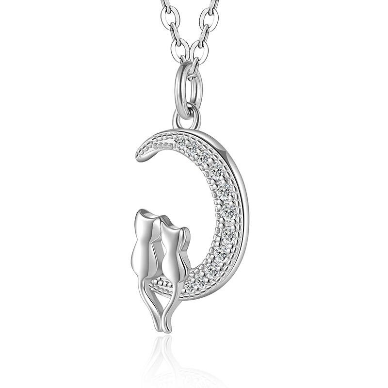 Jeulia Fashion Cat and Moon Necklace Sterling Silver