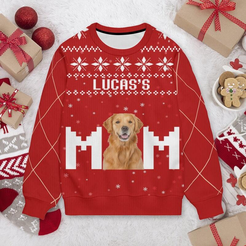 Personalized Ugly Sweater Unisex Pet's Mom Custom Photo Red Style Design Christmas Gift for Pet Lovers