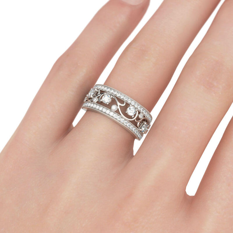 Jeulia Milgrain Scrollwork Round Cut Sterling Silver Women's Band