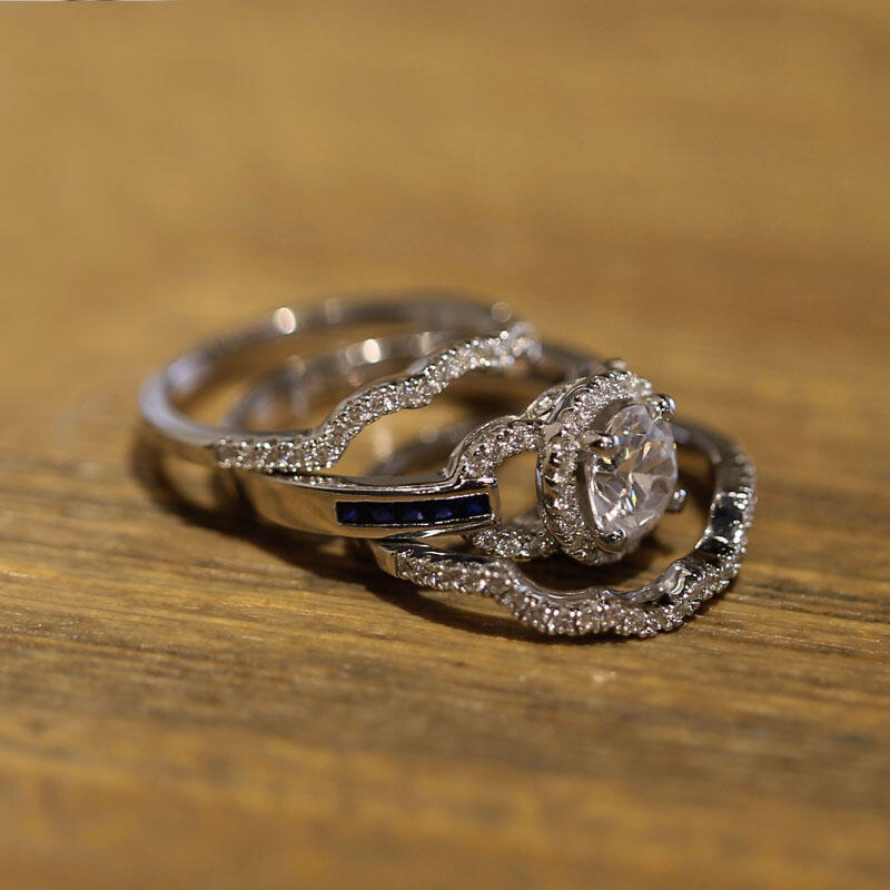 Jeulia 3PC Halo Round Cut Sterling Silver Ring Set