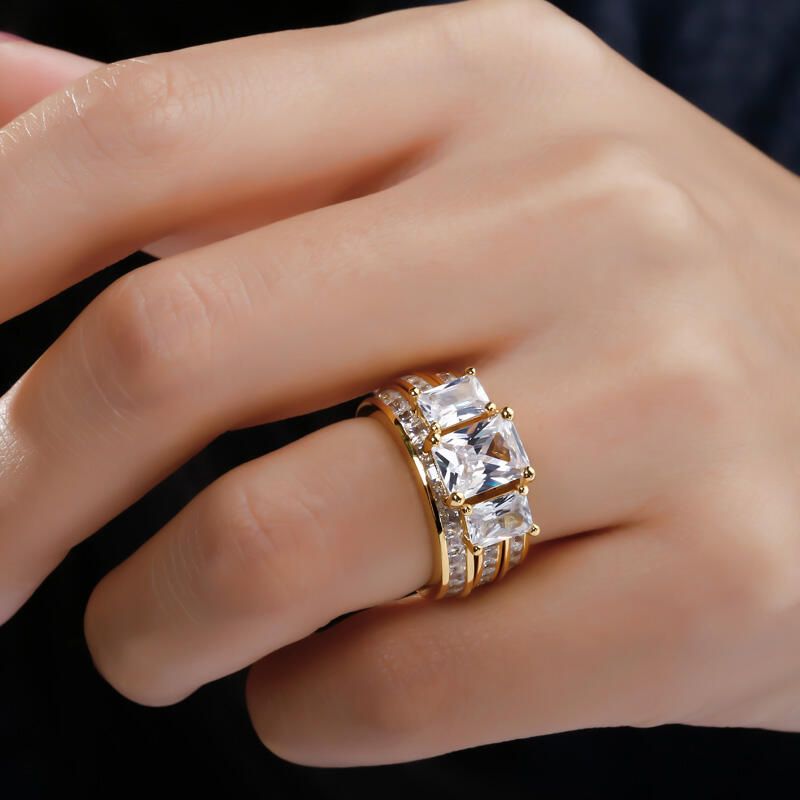 Jeulia 3PC Yellow Three Stone Radiant Cut Sterling Silver Ring Set