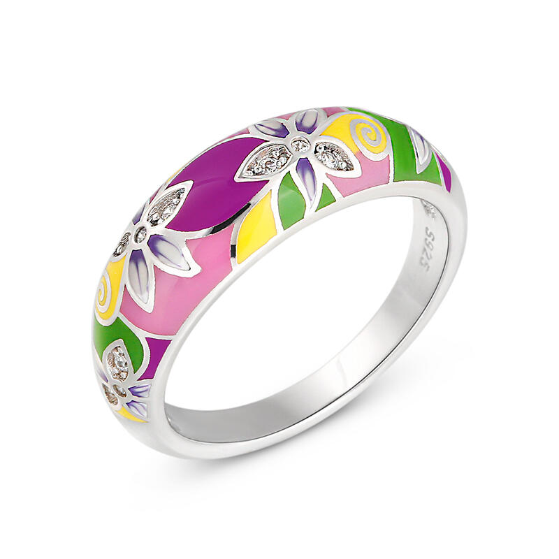 Jeulia "Charming Flower" Multicolored Enamel Sterling Silver Women's Band