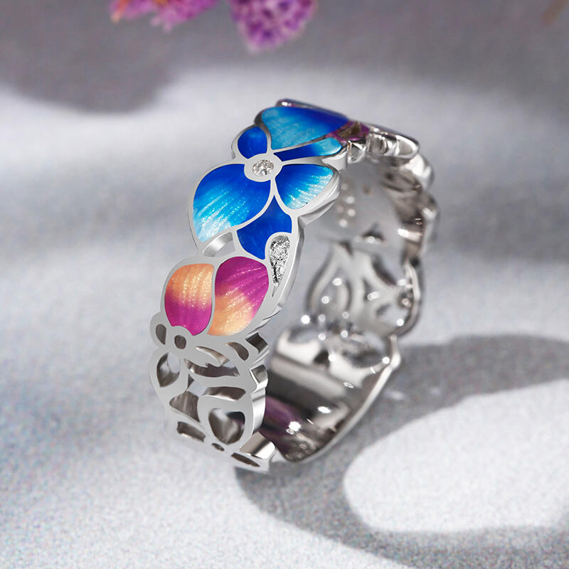 Jeulia Anillos de mujer de plata de ley con esmalte en forma de flores en rosa y azul