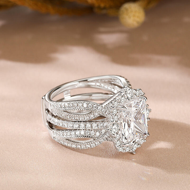 Jeulia Interchangeable Halo Engagement Ring Set Twisted Radiant Cut Sterling Silver