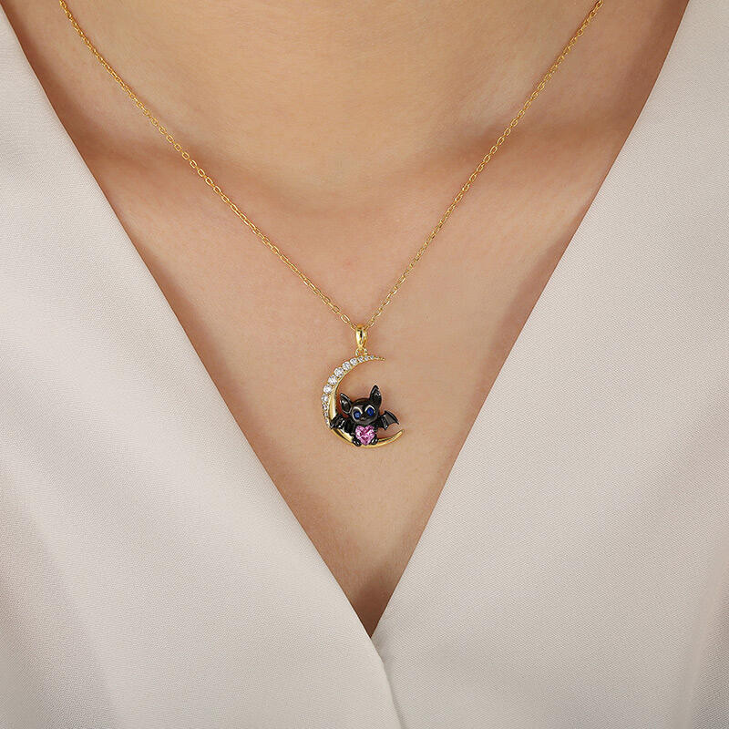 Jeulia Moon Hugers Custom Heart Birthstone Bat Necklace