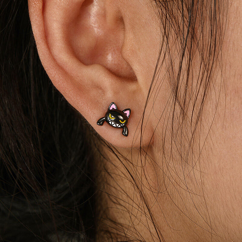 Jeulia Petland Dual Wear Enamel Black Cat Earrings