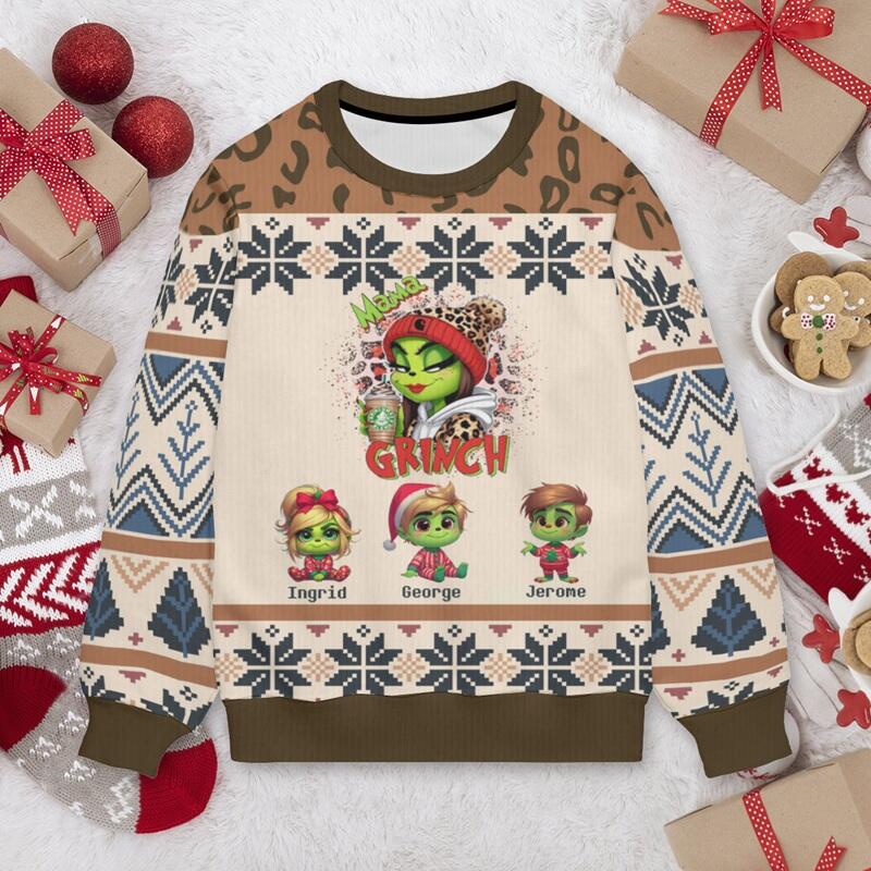 Personalized Ugly Sweater Unisex Mama Grinch Custom Kids Cartoon Design Perfect Christmas Gift for Dear Mom