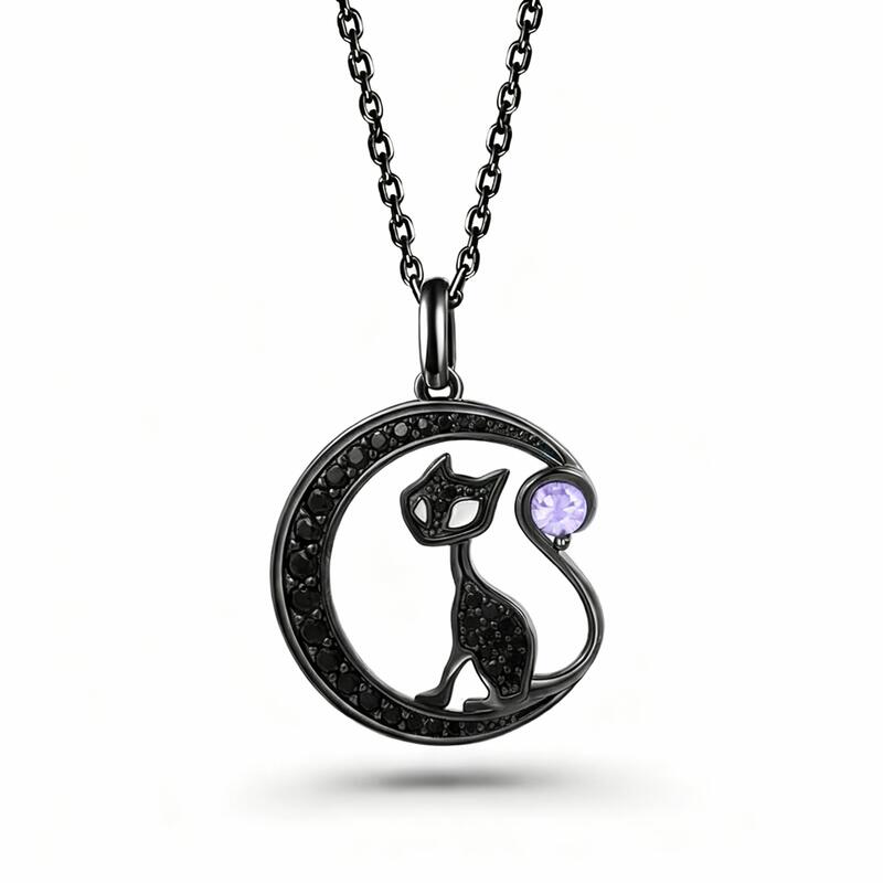 Jeulia "Black Cat on the Moon"Custom Birthstone Necklace