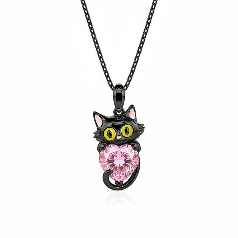 Jeulia Hug Me Custom Birthstone Black Cat Necklace