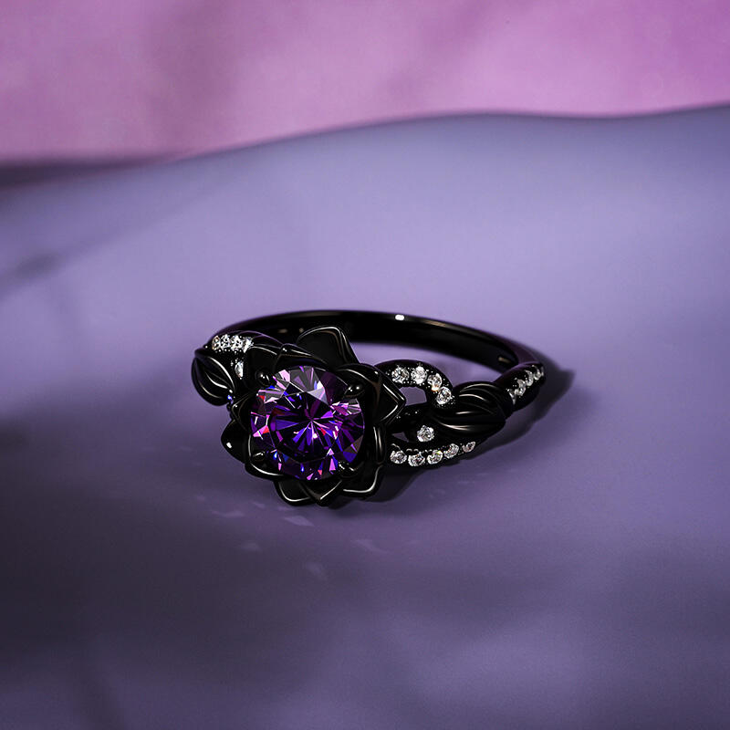 Jeulia Fashion Black Twist Purple Rose Cut Flower Ring