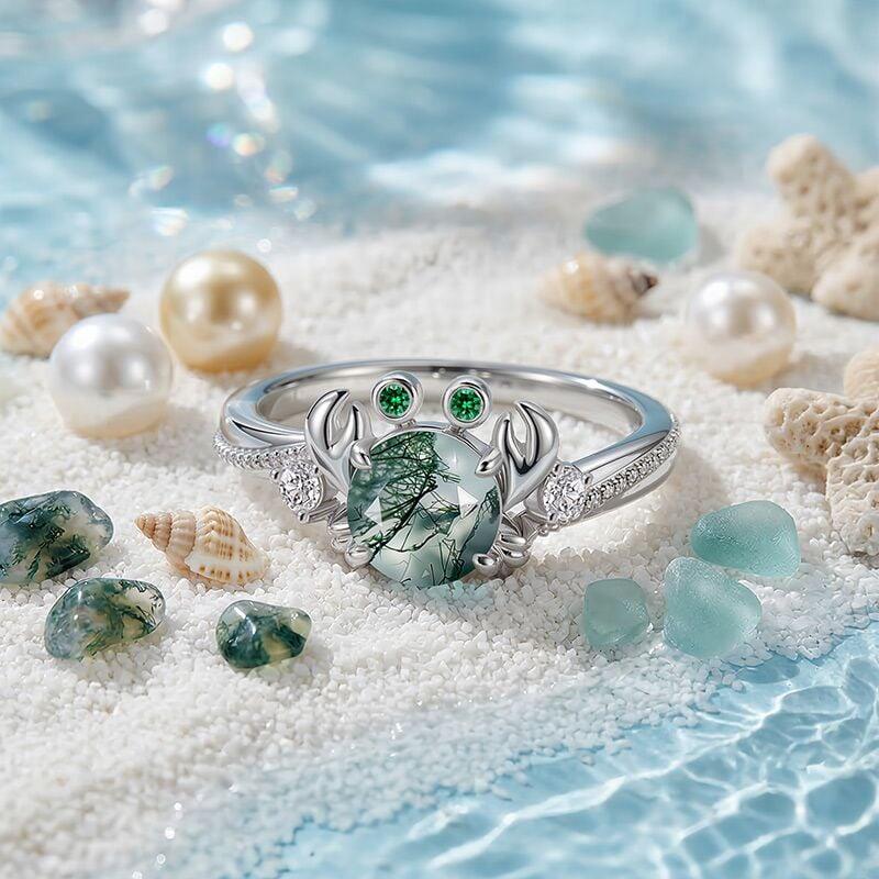 Hug Me Moss Agate Crab Ring