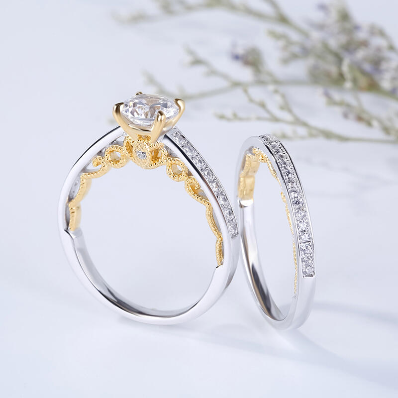 Jeulia Vintage Two Tone Scrollwork Round Cut Sterling Silver Ring Set