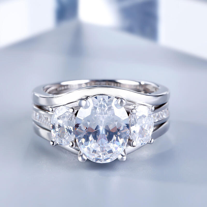 Jeulia Three Stone Oval Cut Sterling Silver Ring Set