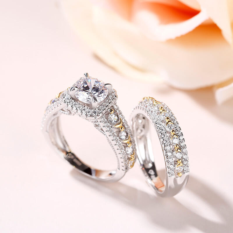 Jeulia Two Tone Halo Round Cut Sterling Silver Ring Set