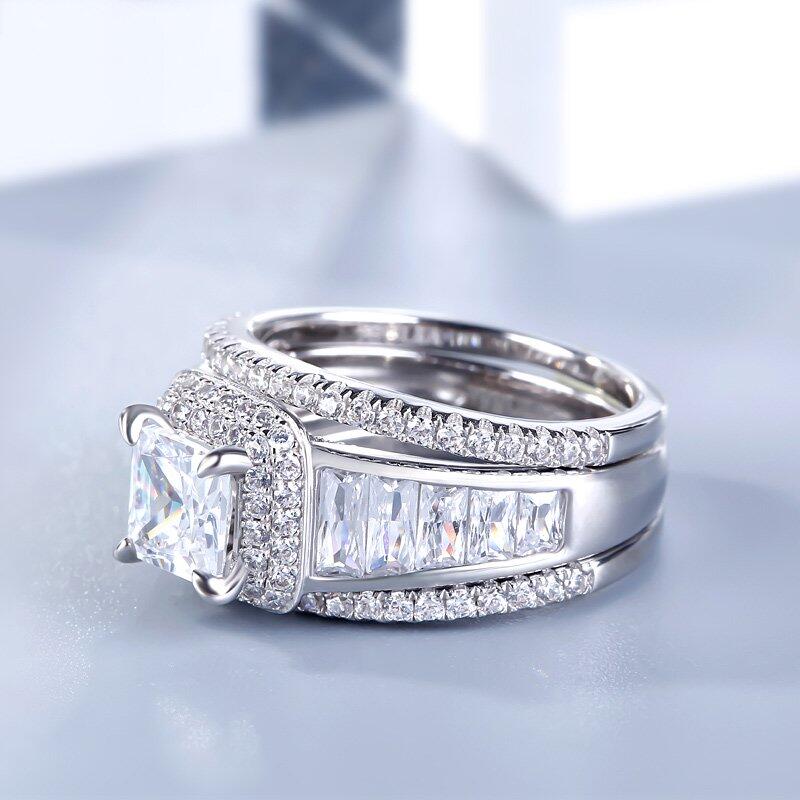 Jeulia Double Halo Princess Cut Sterling Silver 3PC Ring Set