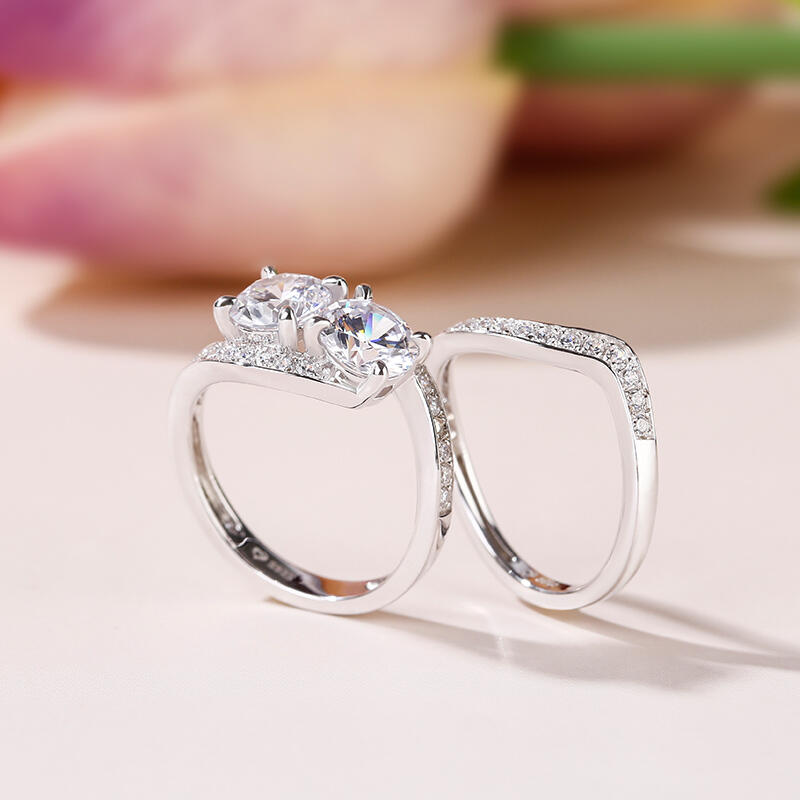 Jeulia Bypass Two Stone Round Cut Sterling Silver Ring Set