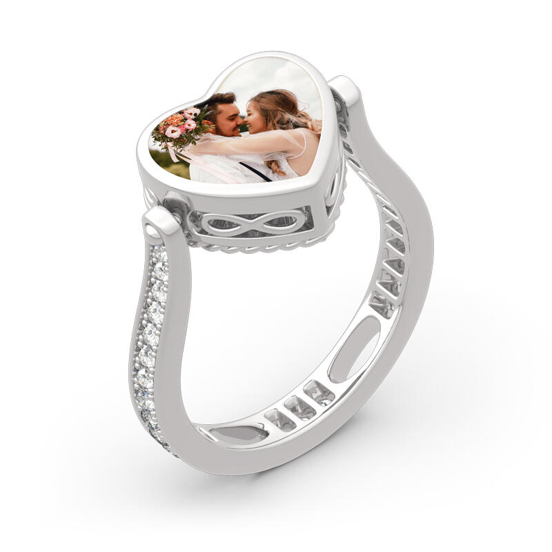 Jeulia "Heart and Infinity" Sterling Silver Personalized Photo Ring (With A Free Chain)