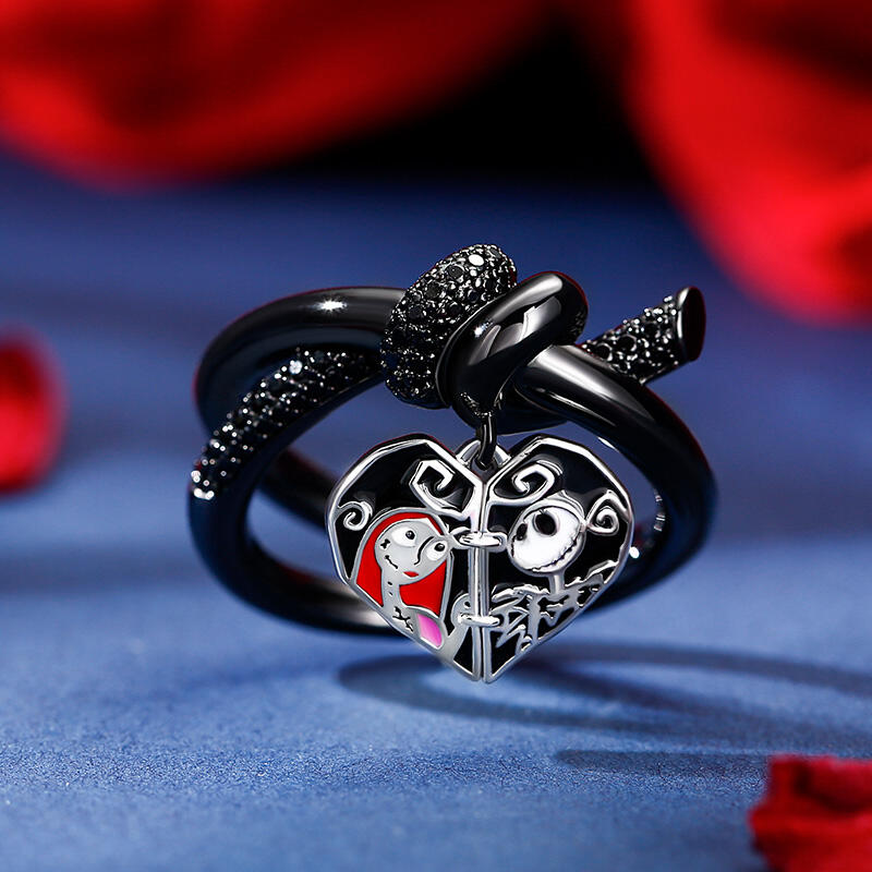 Jeulia Anillo de compromiso de plata con pareja de calavera en corazón